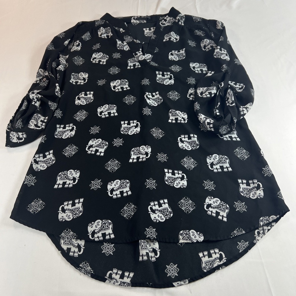 CURE Womens Black w/  White Elephants 3/4 Sleeve Roll Tab Sz L Blouse Top